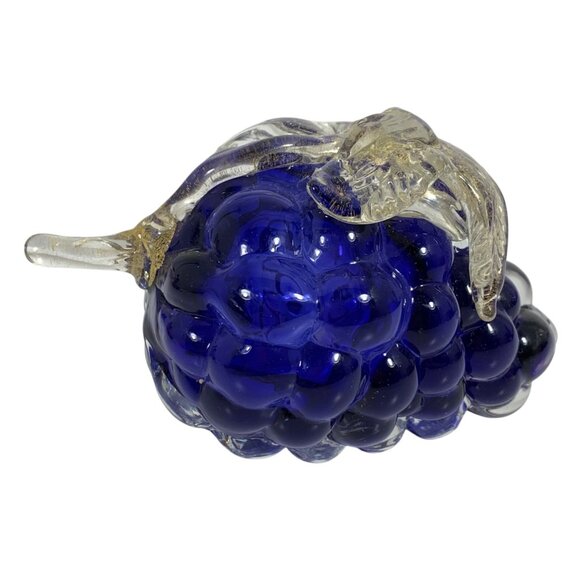 Vintage Handcrafted Blue Glass Grape Figurine Gold Leaf Accents Murano-Style - Picture 6 of 8
